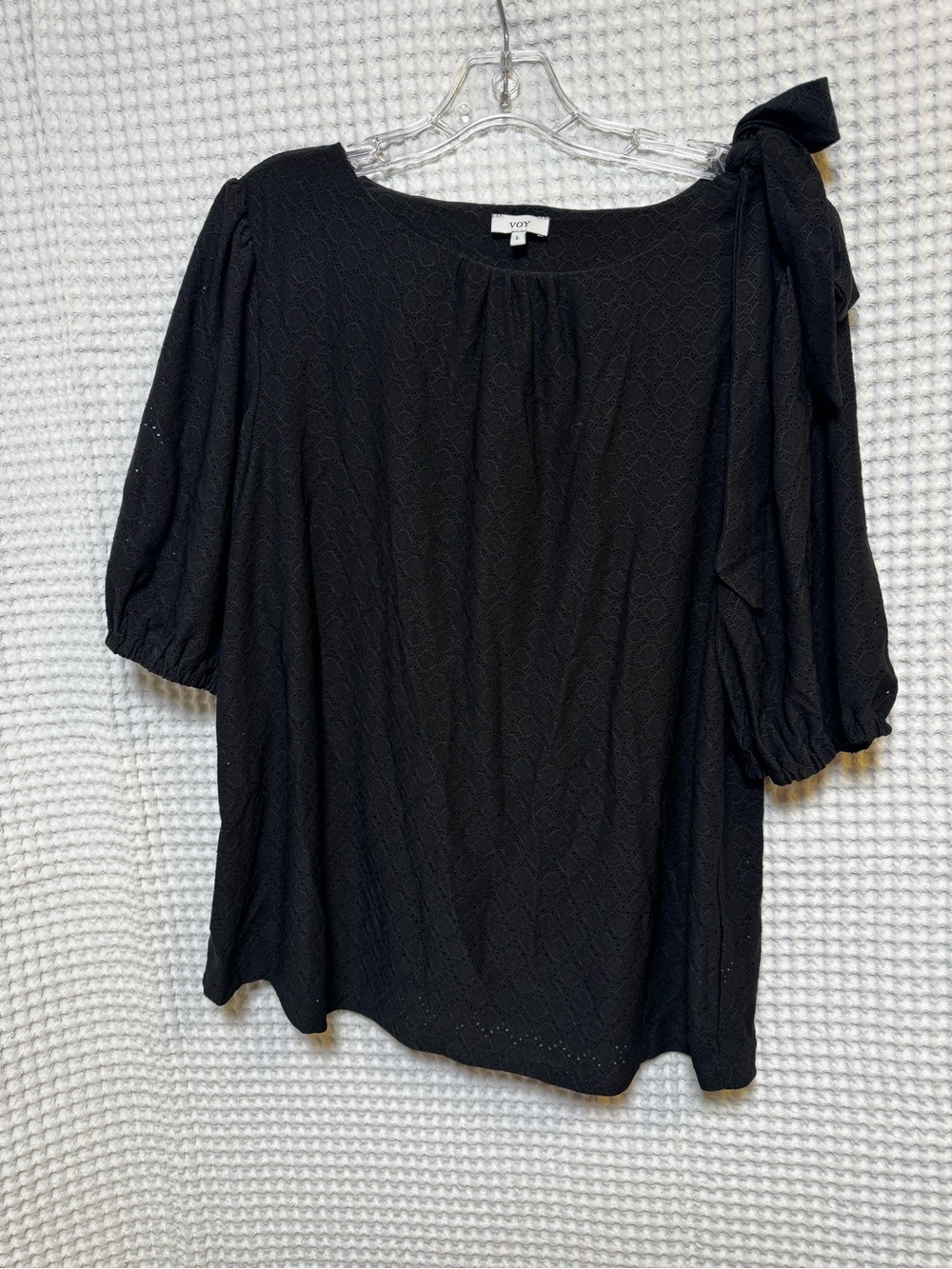 Voy Black Eyelet Puff Sleeve Blouse Left Shoulder Bow Top, Womenβs Size Large